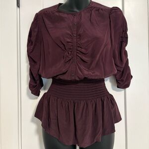 Jacob Burgundy Silk Half Sleeve Shirt Smocked Button up Top Women's Size‎ Medium